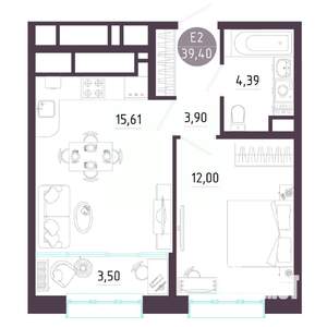 1-к квартира, строящийся дом, 39м2, 2/10 этаж