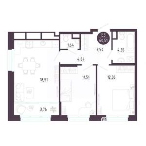 2-к квартира, вторичка, 61м2, 4/10 этаж