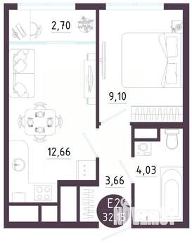 1-к квартира, вторичка, 32м2, 4/10 этаж
