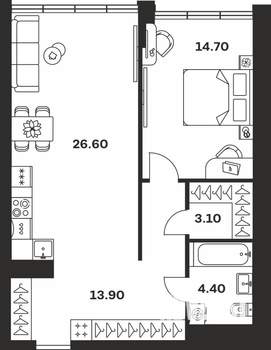 1-к квартира, вторичка, 63м2, 3/9 этаж