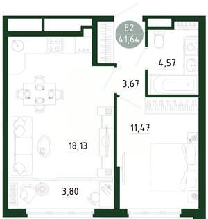 1-к квартира, строящийся дом, 42м2, 13/25 этаж