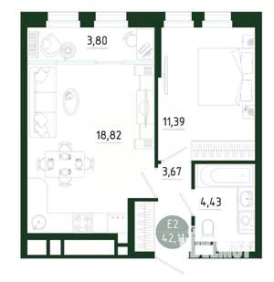 1-к квартира, строящийся дом, 42м2, 2/25 этаж