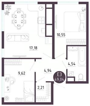 2-к квартира, вторичка, 49м2, 9/10 этаж