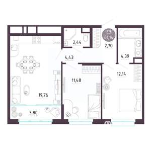 2-к квартира, строящийся дом, 61м2, 3/10 этаж