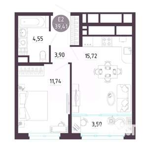 1-к квартира, строящийся дом, 39м2, 7/10 этаж
