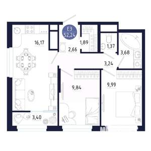 2-к квартира, вторичка, 52м2, 21/25 этаж