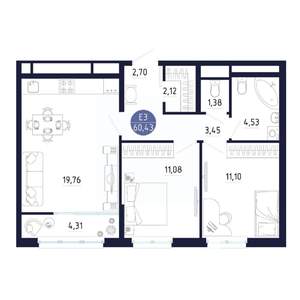 2-к квартира, вторичка, 60м2, 20/25 этаж