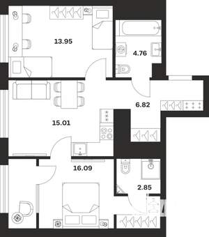 2-к квартира, строящийся дом, 59м2, 25/25 этаж