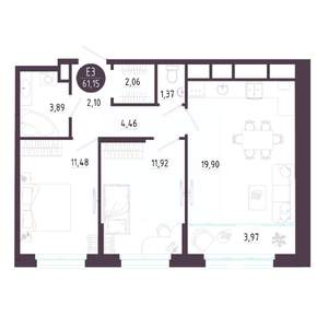 2-к квартира, строящийся дом, 61м2, 10/10 этаж