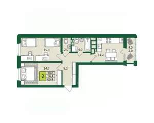 2-к квартира, вторичка, 57м2, 7/9 этаж