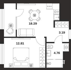 1-к квартира, вторичка, 39м2, 18/25 этаж