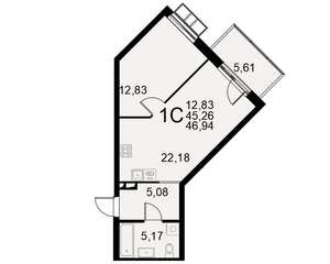 1-к квартира, строящийся дом, 45м2, 3/11 этаж