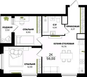 2-к квартира, вторичка, 57м2, 23/25 этаж