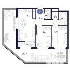 3-к квартира, строящийся дом, 92м2, 1/25 этаж