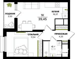 1-к квартира, строящийся дом, 39м2, 6/25 этаж