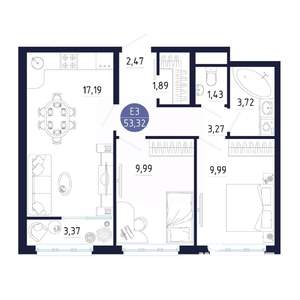 2-к квартира, строящийся дом, 53м2, 10/25 этаж