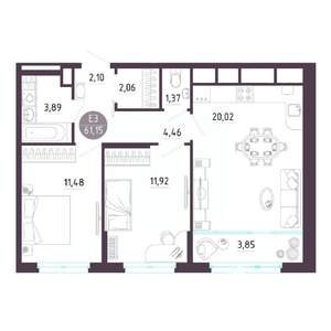 2-к квартира, строящийся дом, 61м2, 10/10 этаж