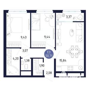 1-к квартира, строящийся дом, 51м2, 2/25 этаж