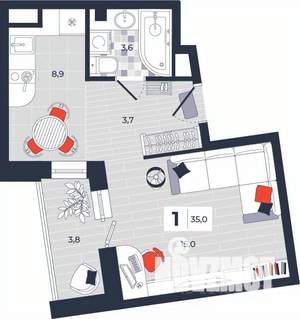 1-к квартира, строящийся дом, 35м2, 7/14 этаж