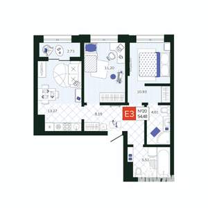 2-к квартира, вторичка, 54м2, 3/19 этаж