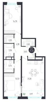 2-к квартира, строящийся дом, 76м2, 3/8 этаж