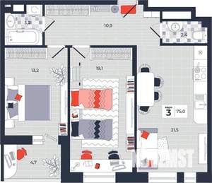 3-к квартира, строящийся дом, 75м2, 8/14 этаж