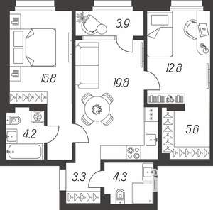 3-к квартира, строящийся дом, 70м2, 19/24 этаж
