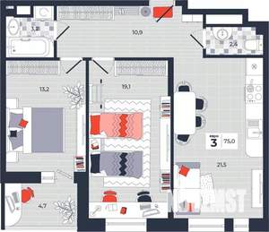 3-к квартира, строящийся дом, 75м2, 12/14 этаж