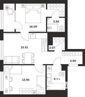 2-к квартира, строящийся дом, 61м2, 7/25 этаж
