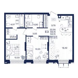 2-к квартира, строящийся дом, 58м2, 2/15 этаж