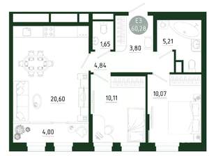 2-к квартира, строящийся дом, 60м2, 24/25 этаж