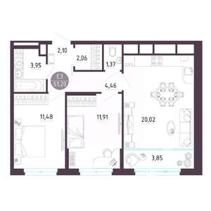 2-к квартира, строящийся дом, 61м2, 4/10 этаж