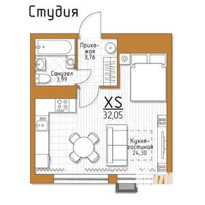 1-к квартира, строящийся дом, 32м2, 3/5 этаж