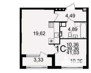 1-к квартира, строящийся дом, 39м2, 1/20 этаж