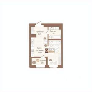 1-к квартира, строящийся дом, 28м2, 10/14 этаж