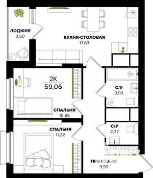 2-к квартира, строящийся дом, 59м2, 23/25 этаж