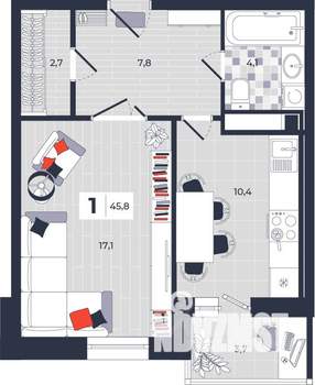 1-к квартира, строящийся дом, 46м2, 9/14 этаж