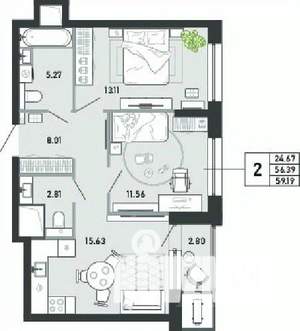 2-к квартира, вторичка, 59м2, 7/21 этаж