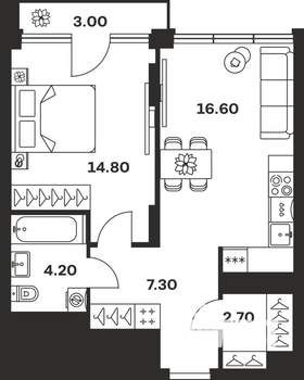 1-к квартира, вторичка, 49м2, 8/9 этаж