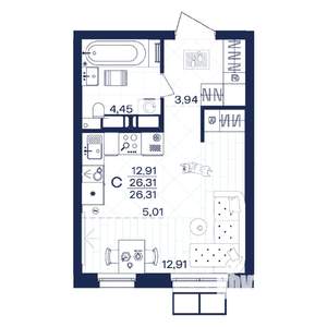 1-к квартира, строящийся дом, 26м2, 13/15 этаж