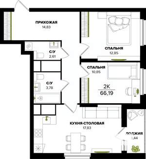 2-к квартира, вторичка, 66м2, 12/25 этаж