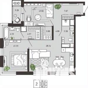 2-к квартира, вторичка, 89м2, 11/21 этаж