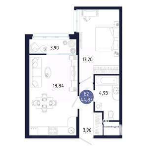 1-к квартира, строящийся дом, 45м2, 10/25 этаж