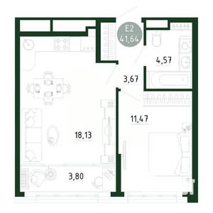 1-к квартира, строящийся дом, 42м2, 7/25 этаж