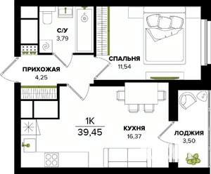 1-к квартира, строящийся дом, 39м2, 12/25 этаж