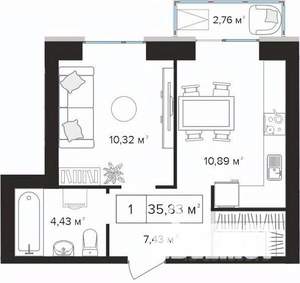 1-к квартира, вторичка, 36м2, 2/10 этаж