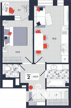 2-к квартира, строящийся дом, 47м2, 2/14 этаж