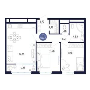 2-к квартира, строящийся дом, 60м2, 25/25 этаж