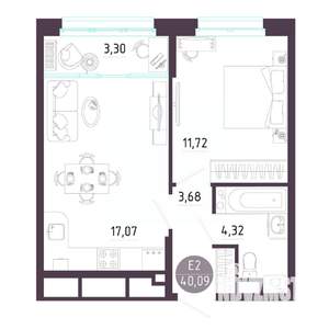 1-к квартира, строящийся дом, 40м2, 2/10 этаж