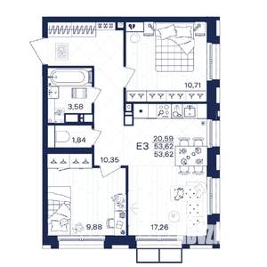 2-к квартира, строящийся дом, 54м2, 10/15 этаж